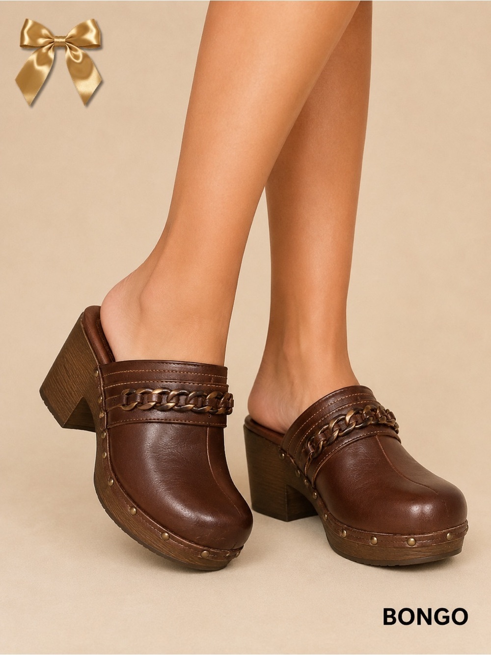 Bongo Brown Leather Platform Clog Mules Chain Detail Size 8
